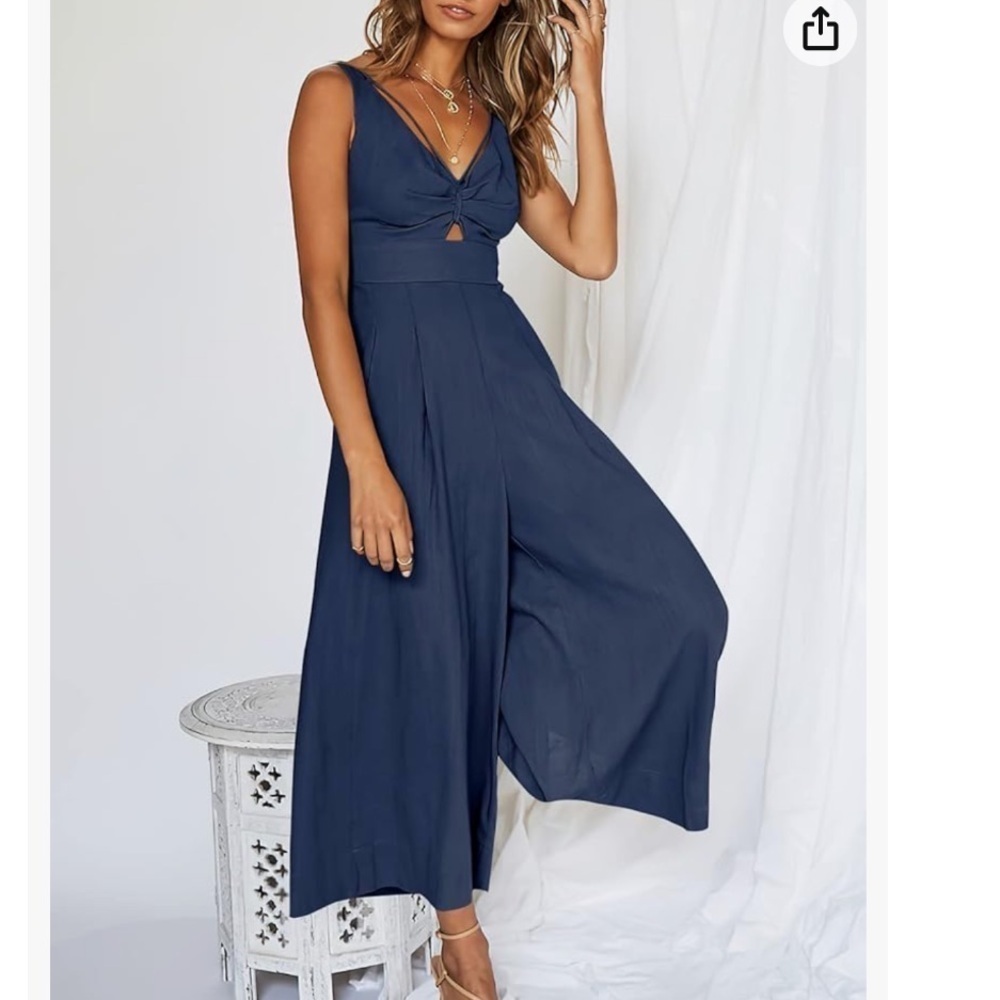 ANRABESS Wide Leg Linen blend Jumpsuit Dressy V Neck romper size Medium